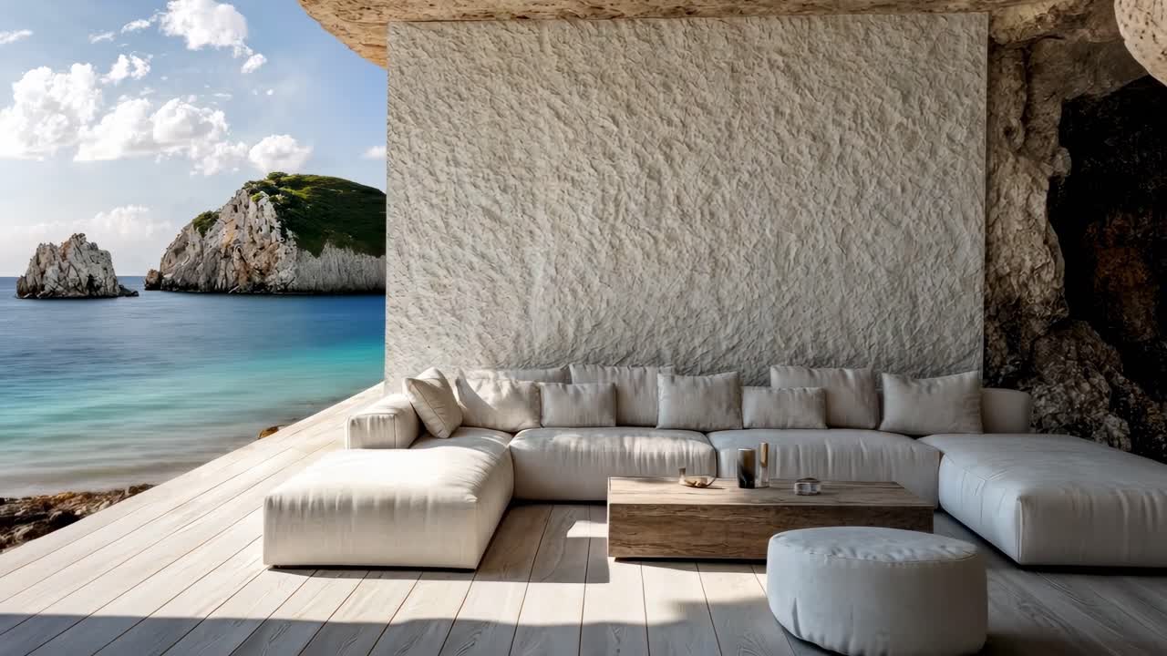 A luxurious coastal living room with a white sectional sofa, captured from a wide-angle view