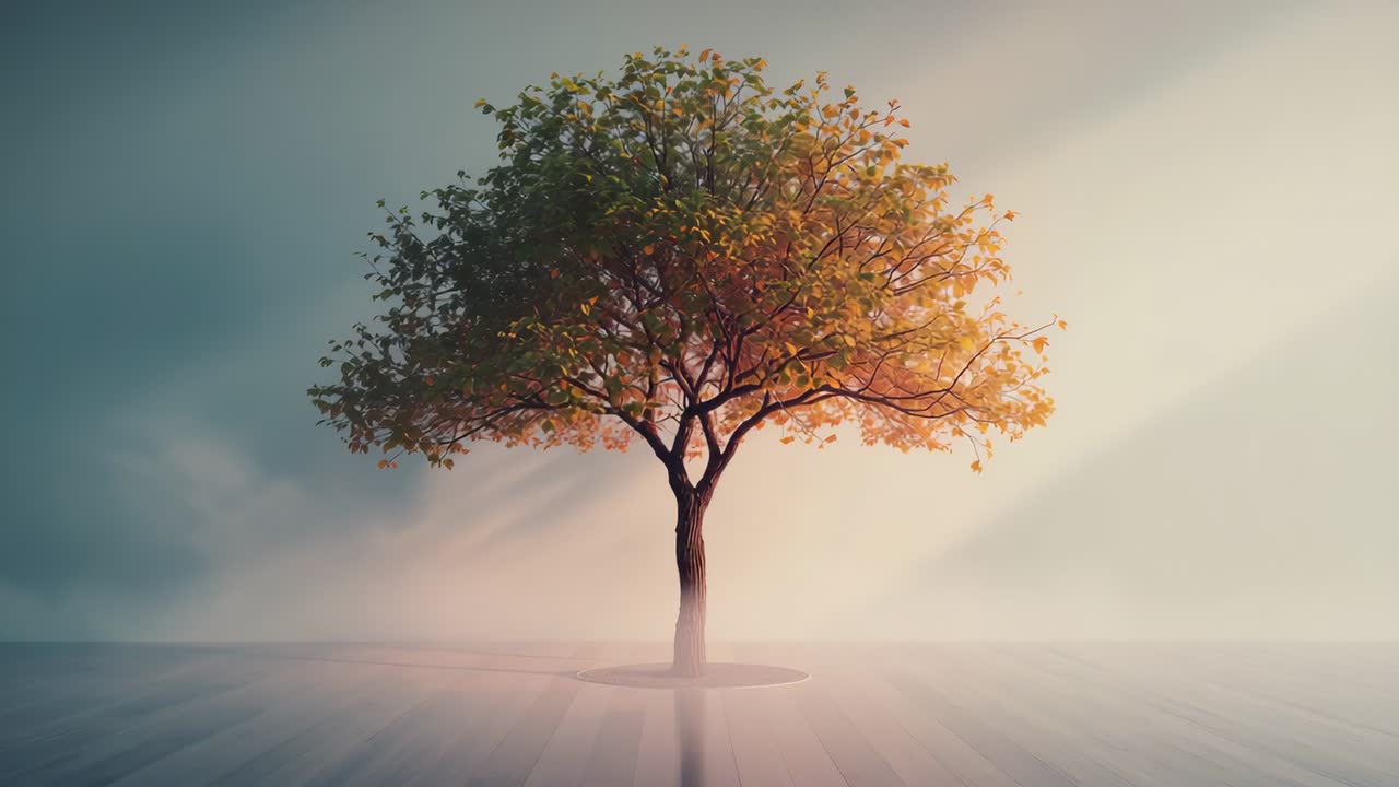 Zooming camera capturing deciduous tree on reflective plane in misty space with side-light shadows