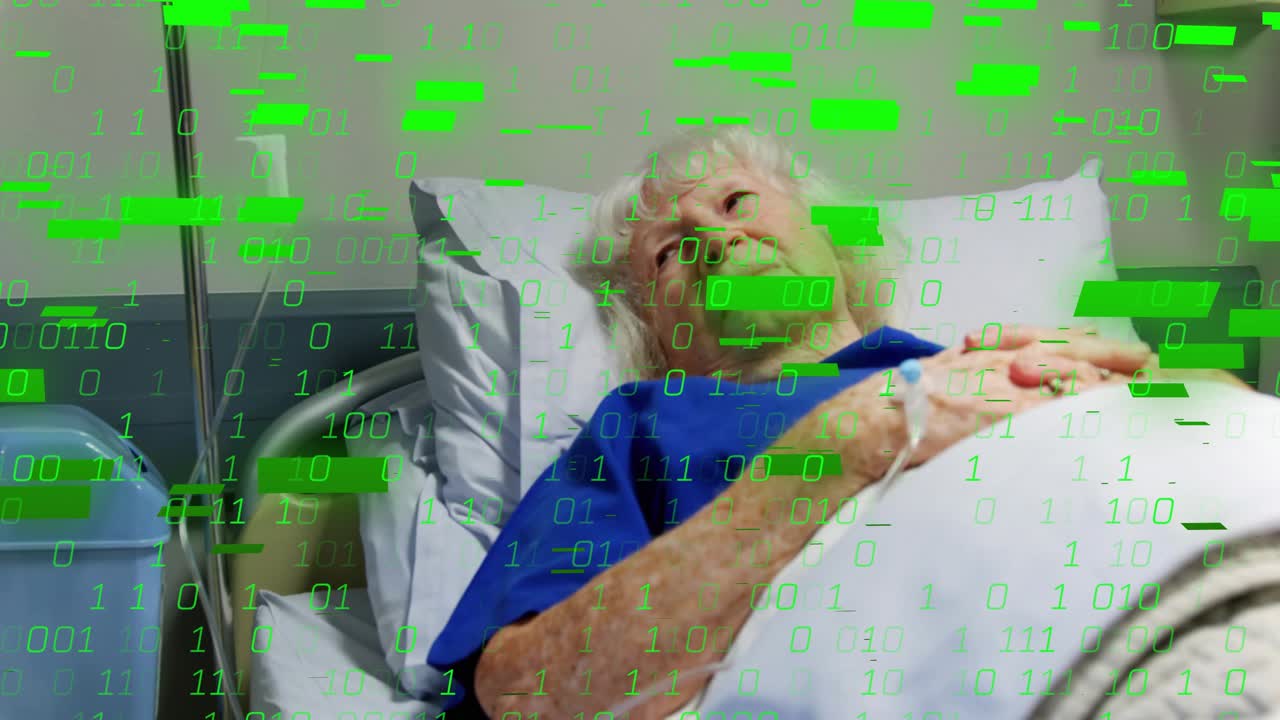 Äldre patient ligger i sjukhussäng och observerar flytande binära siffror som representerar hälsodata.
