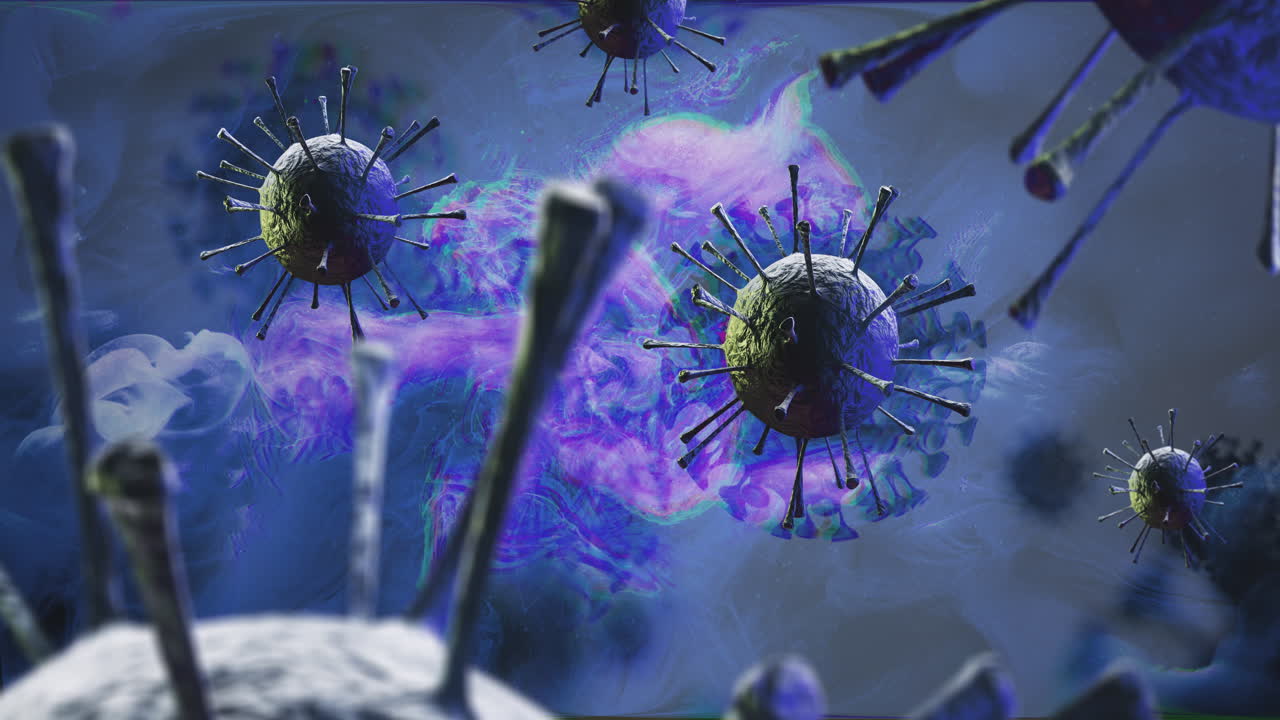 núcleo de virus patógeno de riesgo biológico azul en fuego de células sanguíneas