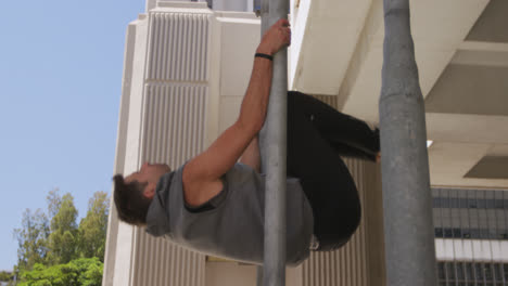 caucasian man practicing parkour