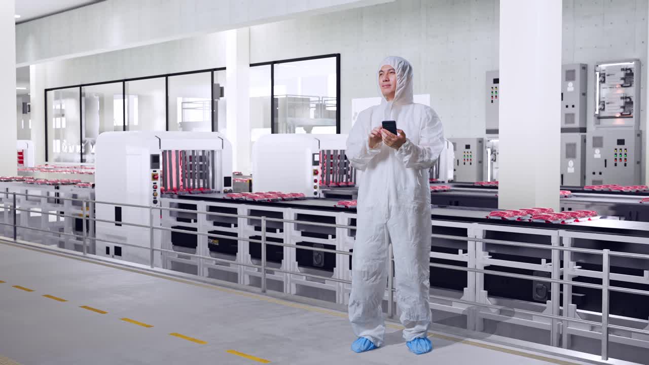 Meat Processing Plant Worker Checking Smartphone