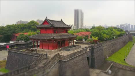 wuhan city day time famous fort temple qiyimen aerial panorama 4k tilt shift china