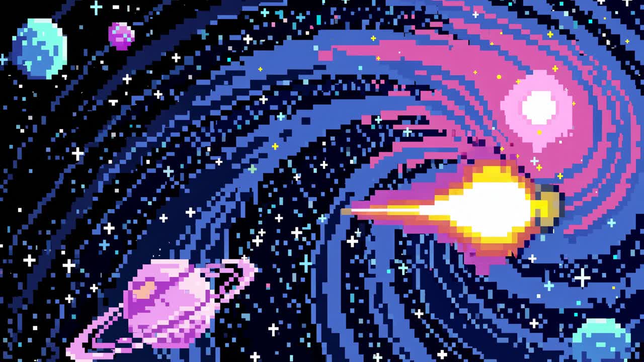 Pixel art space scene with swirling galaxy and planets