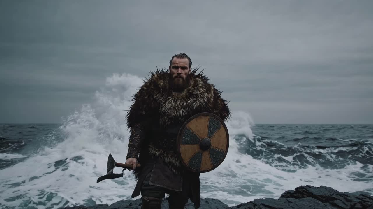 A warrior in fur armor stands on rocky shore with axe and shield