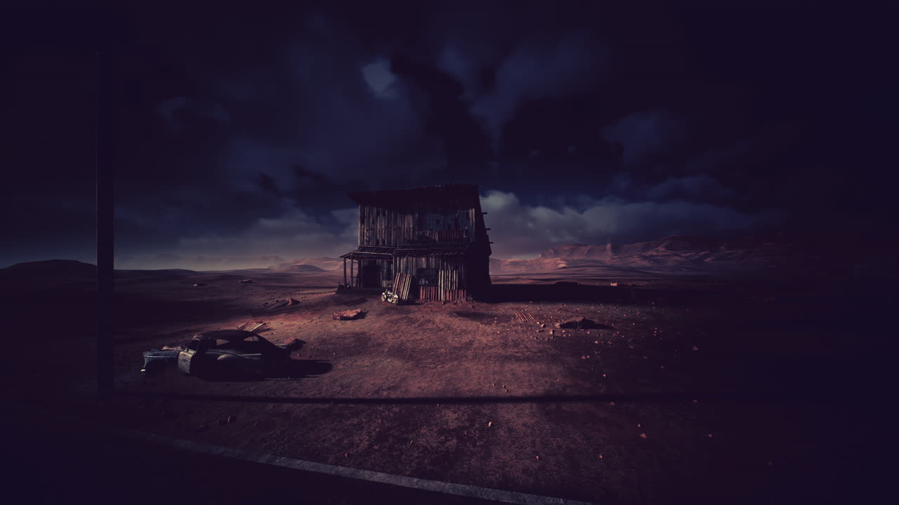 Baracca abbandonata nel deserto di notte, cinematografica, desolata, rudere sul ciglio della strada