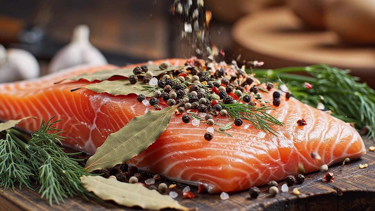 Filetto di salmone crudo condito con erbe fresche e grani di pepe