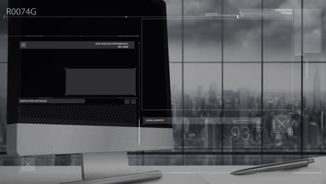 animation of digital screen with data processing over computer screen with copy space in office