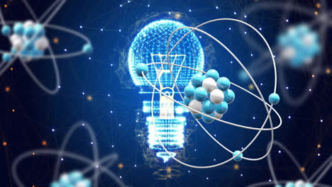 animation of atomic structures over light bulb and networks on blue background