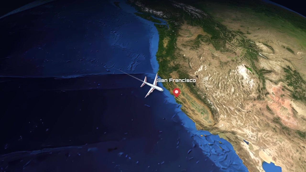 A commercial airplane flies across the Pacific Ocean from Tokyo to San Francisco on Earth