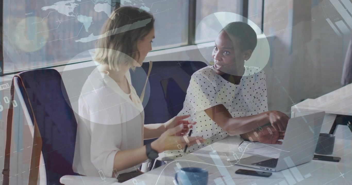 Animation of infographic interface over diverse female colleagues discussing project over laptop