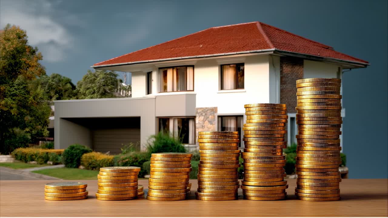 Casa com pilhas de moedas na frente. Pilhas de moedas estão sobre uma mesa em frente a uma casa. O ambiente é claro e mostra o jardim da residência.
