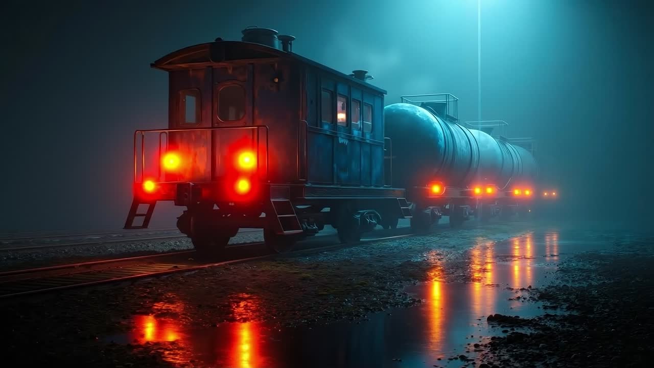 A train traveling down train tracks in the dark at night