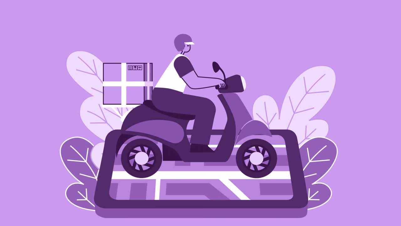Purple Style Man Flat Character Riding Delivery Scooter or Moped with Cardboard Box. Isolated Loop Animation with Alpha Channel