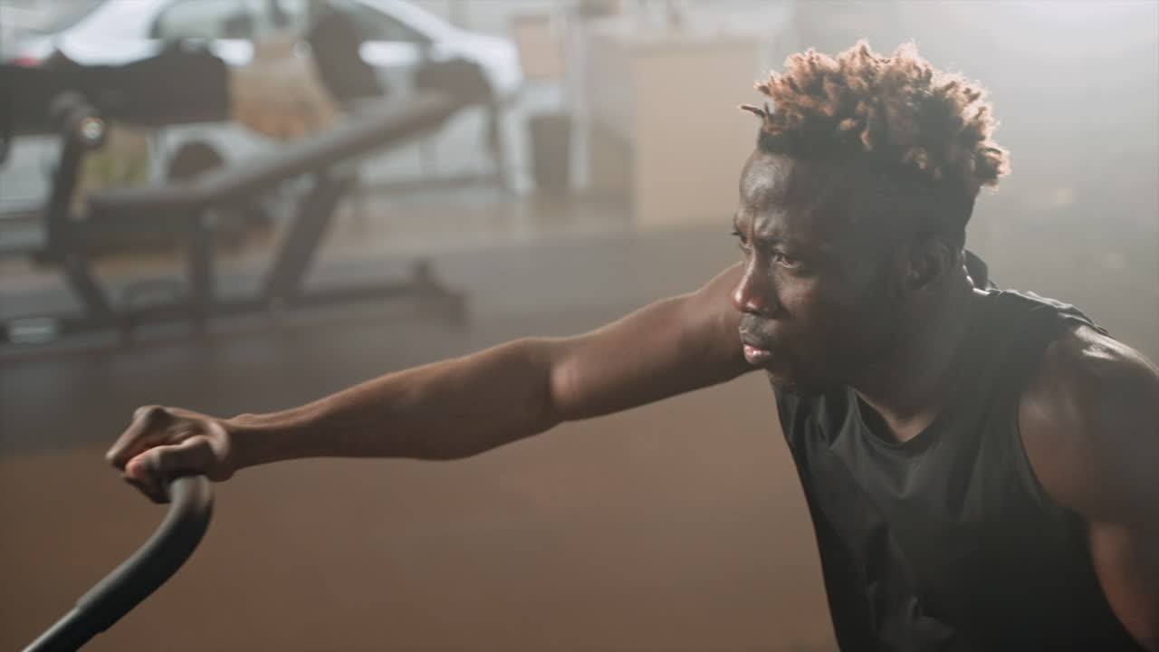 Man Working Out on Rowing Machine in Gym