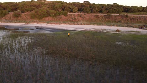 aerial view of man with taking photos with mobile phone between wet grass at lagoon shore during sunset time - black lagoon,uruguay
