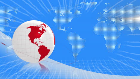 rotating globe with red continents and world map animation on blue grid background