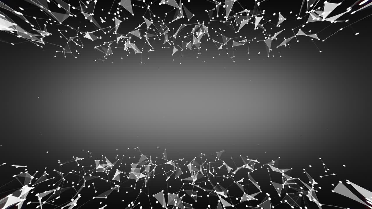 3d 렌더링 된 추상적인 표면은 중간에 색 빛과 함께 검은색으로 회전하는 필드 깊이로 연결된 삼각형 모양으로 만들어졌습니다.