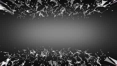 3d rendered abstract surface up and down made of connected triangle shapes with depth of field rotating on black with white light in centre.