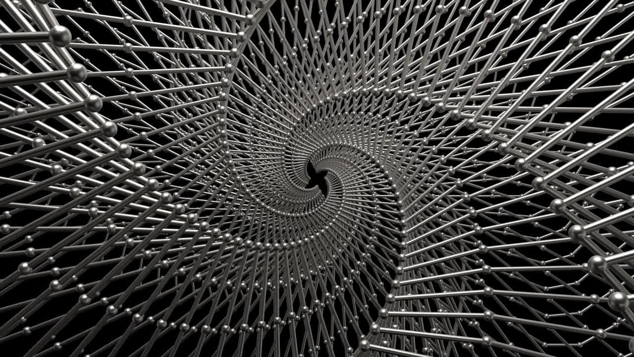 renderizado en 3d de la estructura de celosía retorcida de metal con esferas en los vértices.