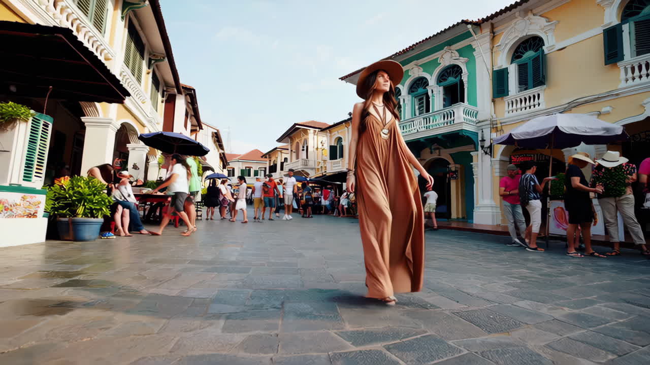Young woman in a hat exploring a bustling street