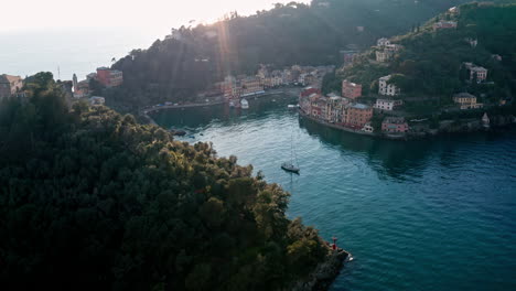 harbor and colorful houses of touristic portofino on italian riviera, aerial