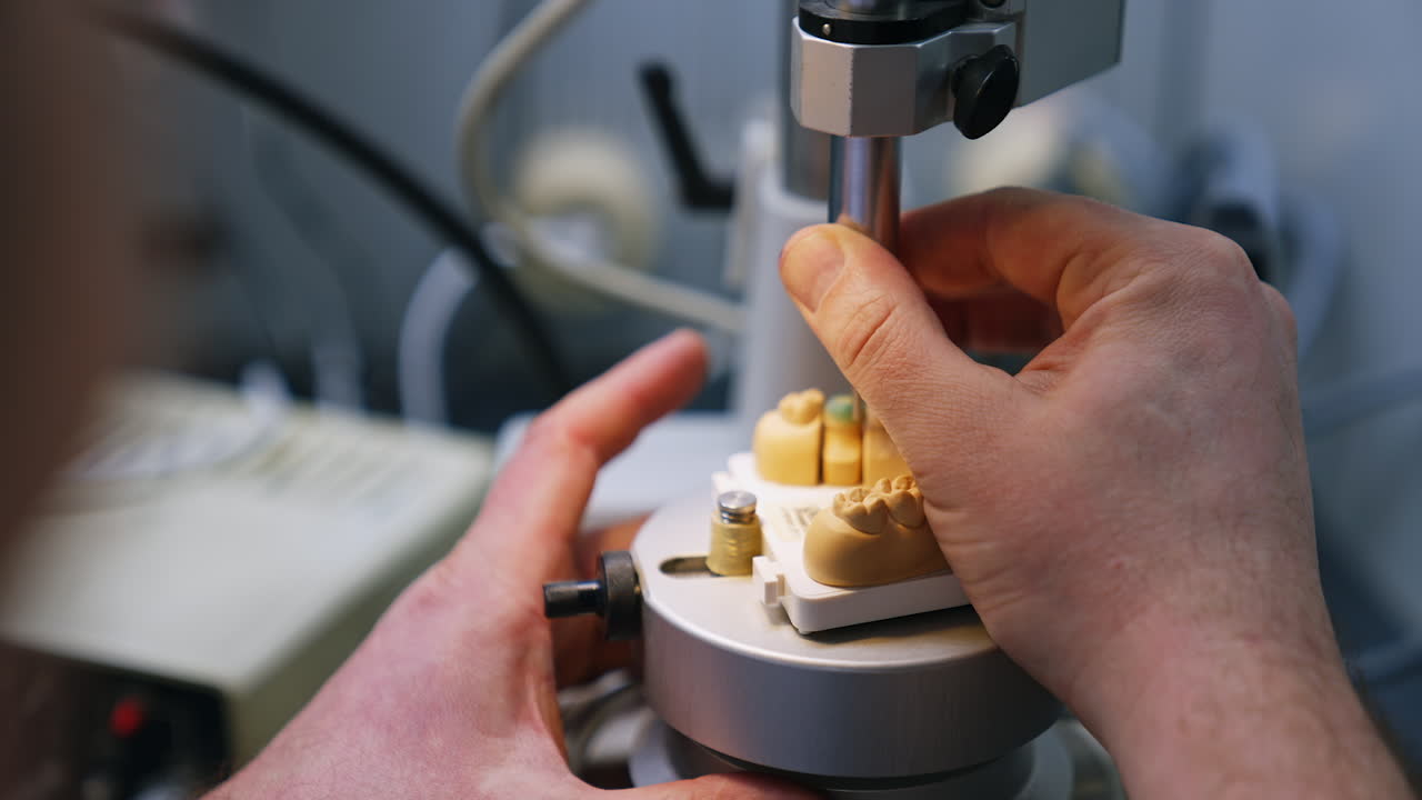 Male hands operating the machine tool producing plaster denture. Close up. Dentistry concept.