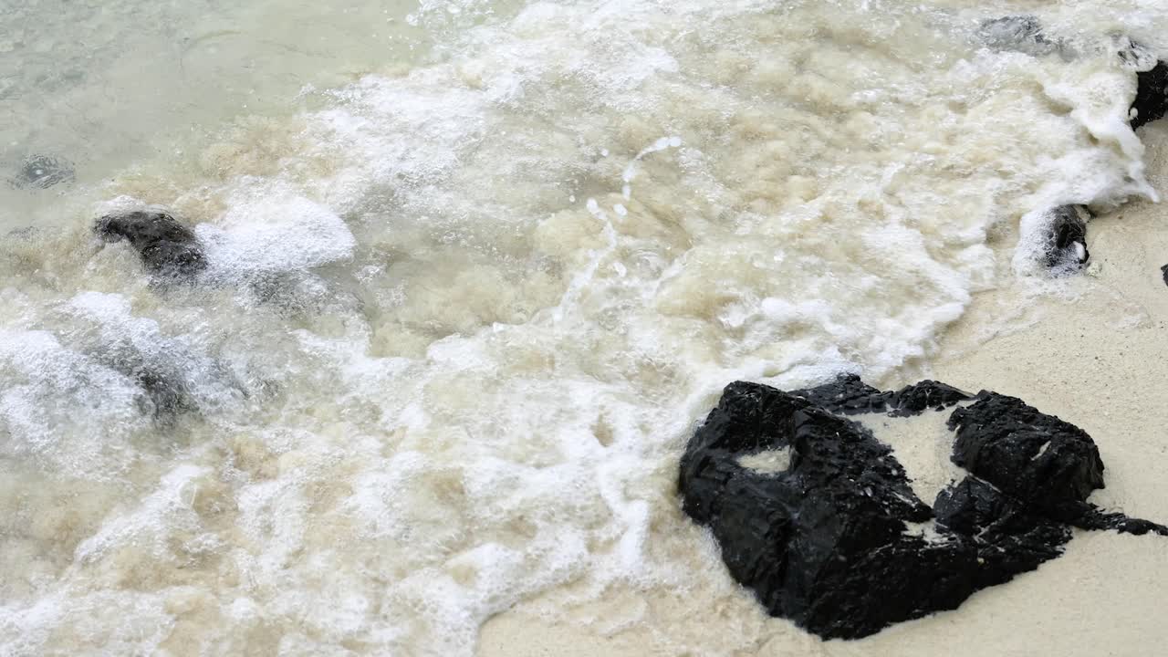 Waves on a sandy beach with rocks