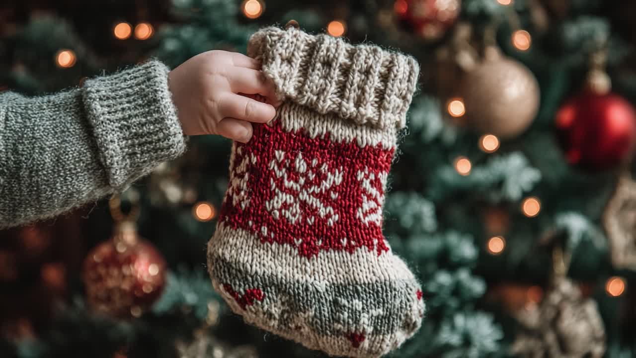 A Child's Hand Holding a Beautifully Knitted Christmas Stocking Against a Festive Background of Twinkling Lights and Ornaments, Perfect for Holiday Cheer and Celebration