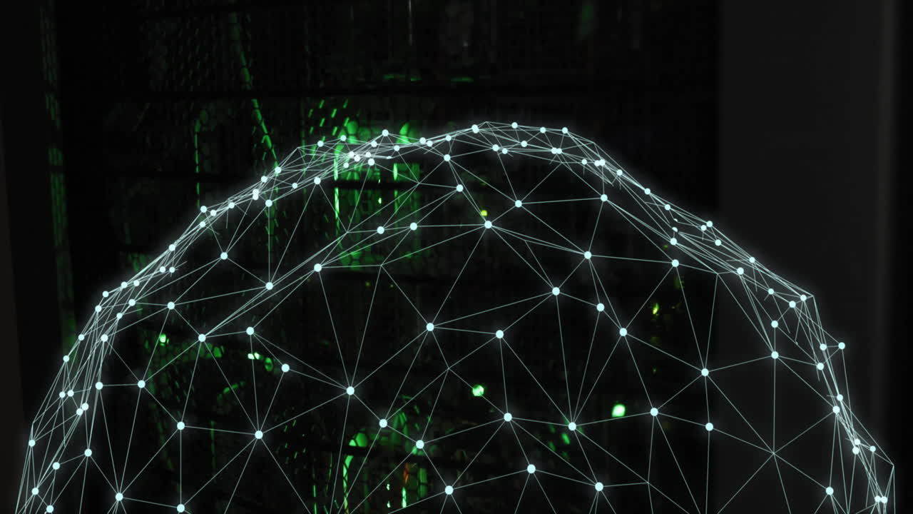 Animation of spinning globe and digital data processing over computer servers