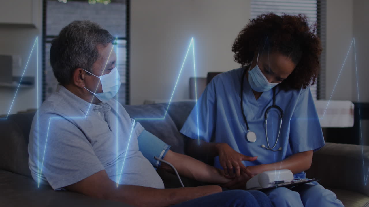 Animation of cardiogram over diverse doctor and patient measuring blood pressure