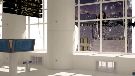 animation of christmas santa claus in sleigh with reindeer and snow falling seen through window
