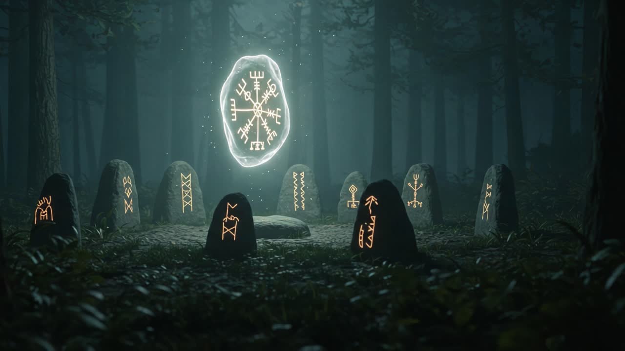 A Mysterious Gathering: Ancient Symbols Illuminate an Enigmatic Forest Circle Surrounded by Glistening Stones, Creating a Hauntingly Beautiful Atmosphere
