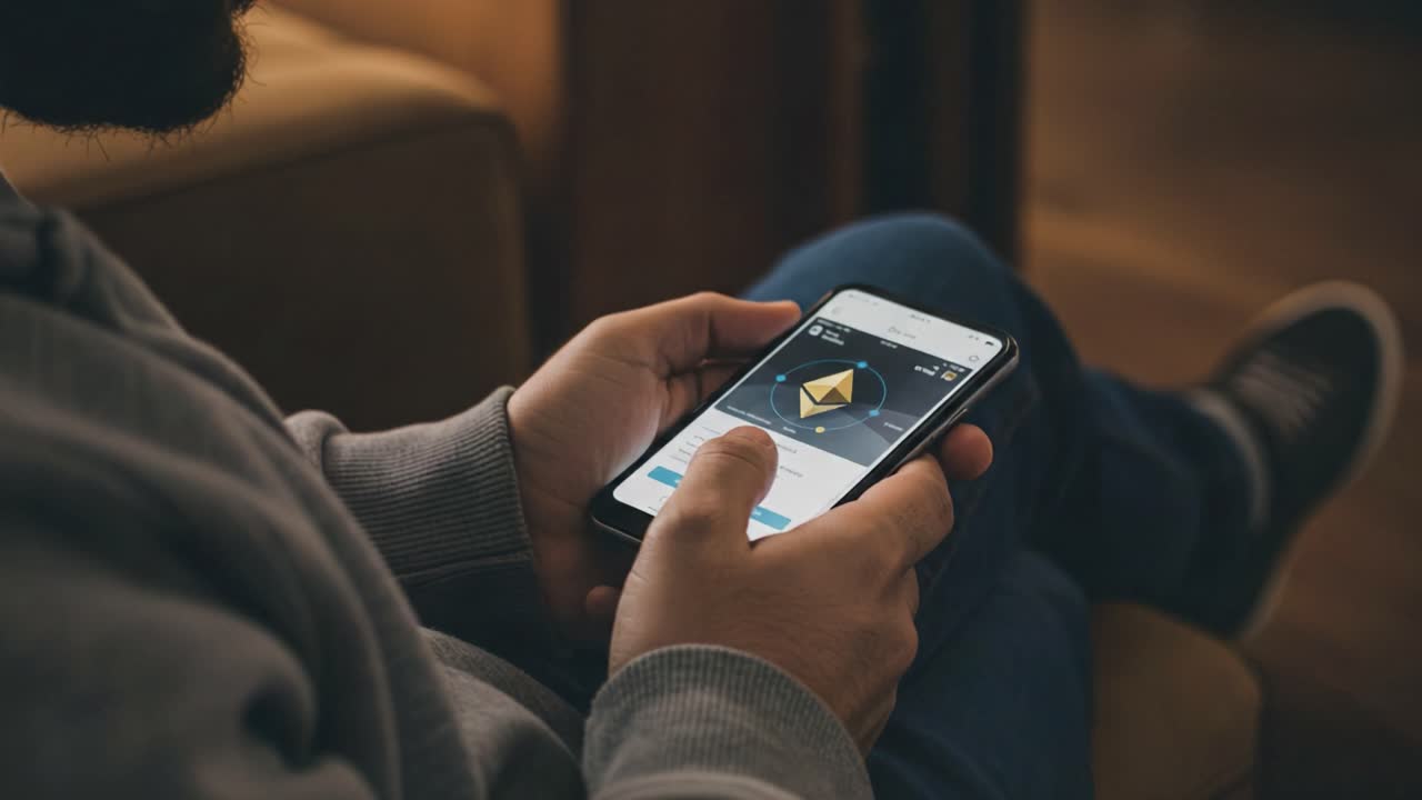 A person interacts with a mobile device displaying a vibrant yellow graphic, showcasing an engaging interface while seated in a cozy atmosphere