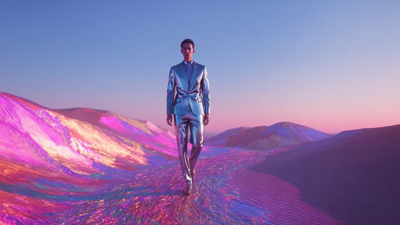 Man in Futuristic Metallic Suit Walking in Colorful Desert