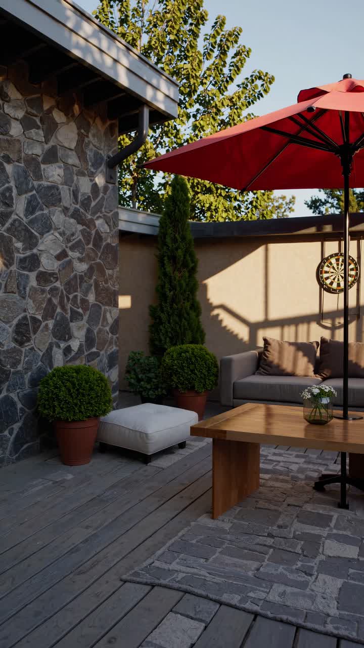 Cozy patio with red umbrella, wooden table, and stone wall. Shot from a low angle, perfect