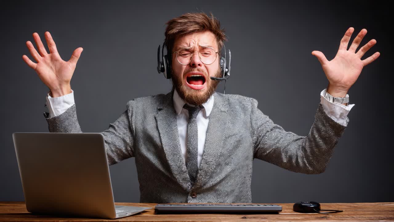 Frustration at Work: A Male Office Worker in a Headset Expresses Agony and Discontent While Seated at His Desk with a Laptop and Computer Accessories