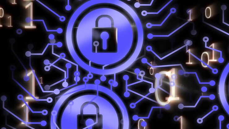 Animation of network of connections with padlocks security icons over binary coding