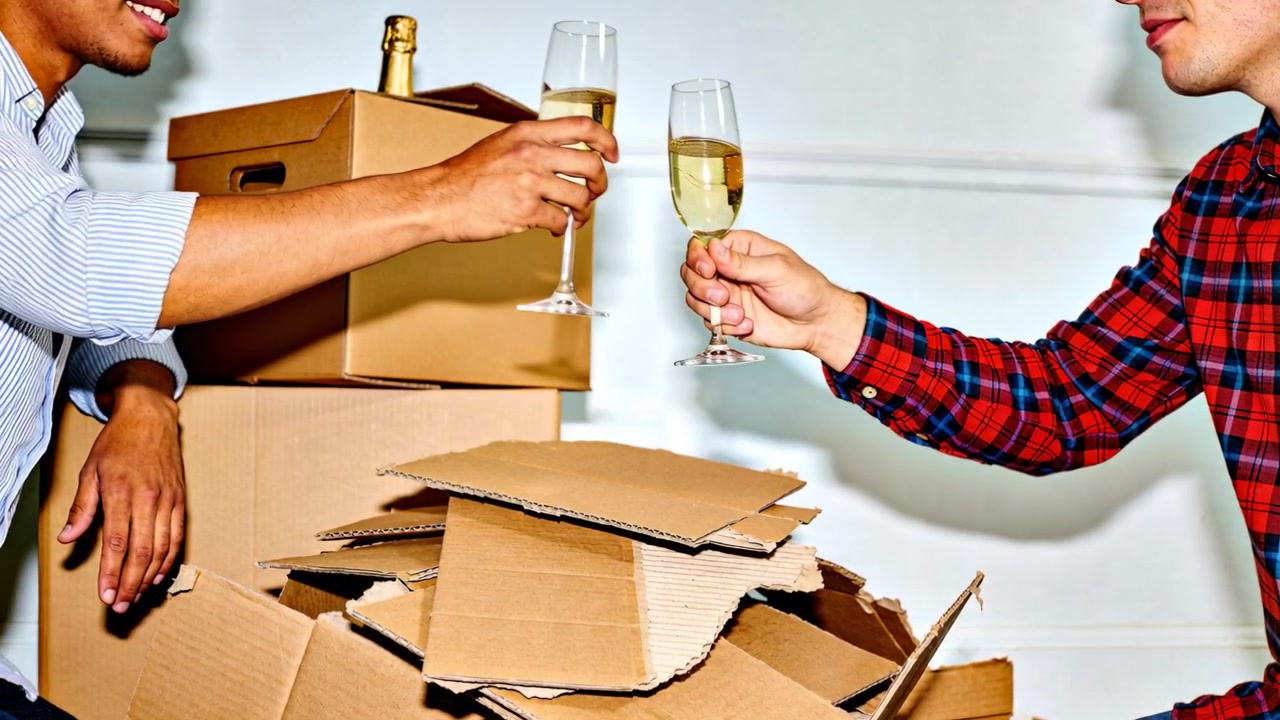 Due uomini con camicie a righe e a quadri rossi fanno tintinnare i flûte, festeggiando dopo aver imballato le scatole in garage.
