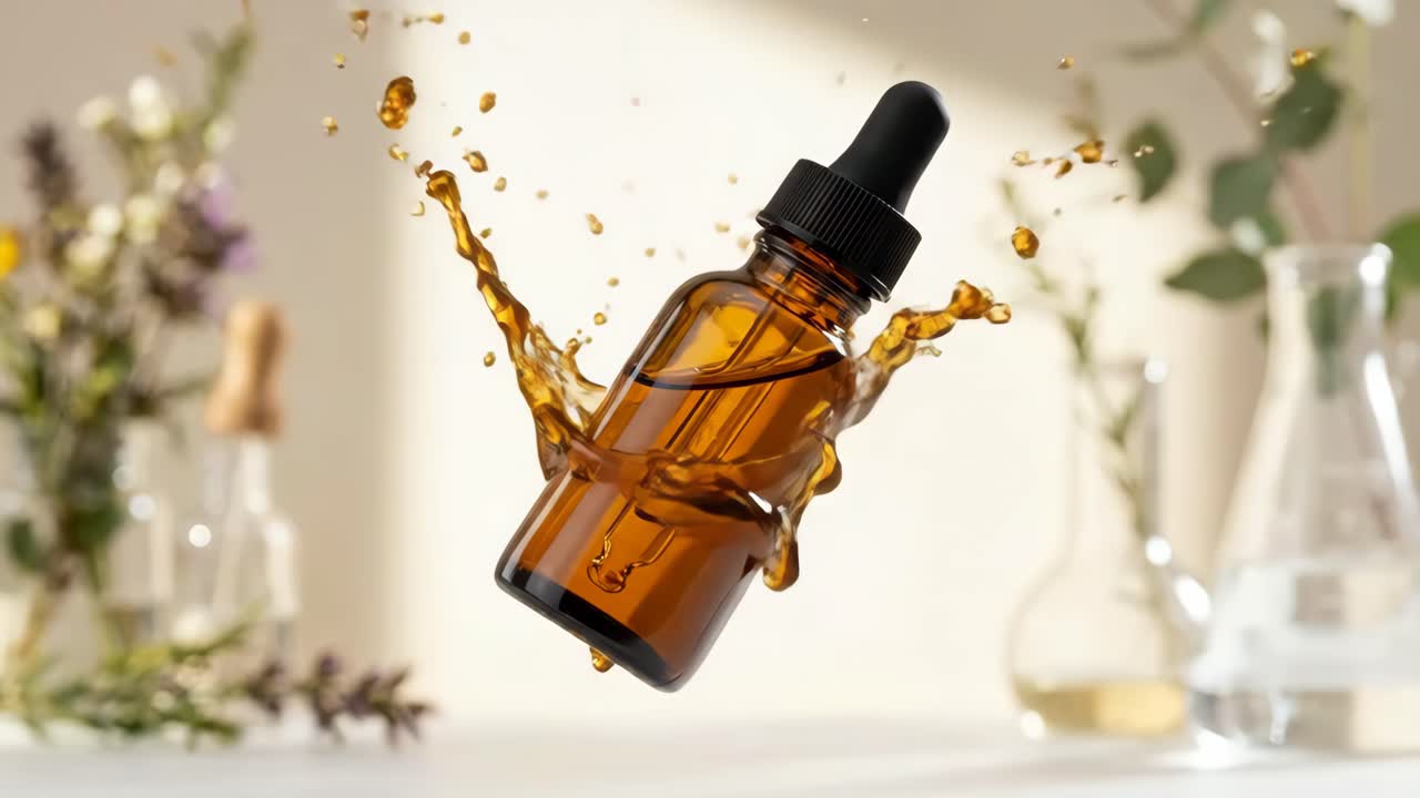 Dynamisk billede af ravfarvet pipetteflaske med naturlig olie og botaniske elementer