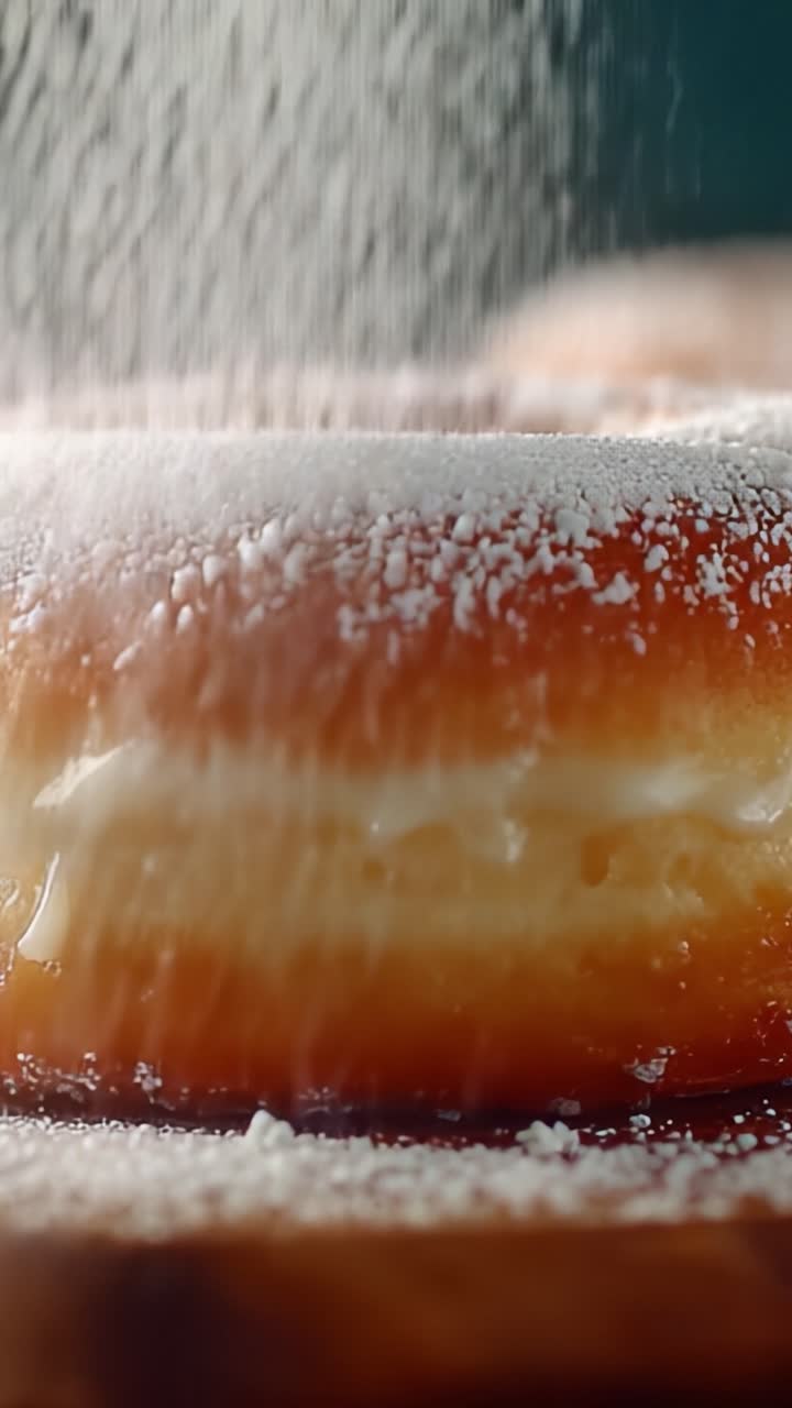 Deliciously Fluffy Cream-Filled Doughnuts Swirled in Powdered Sugar, Capturing the Tempting Sweetness and Rich Texture with Every Bite