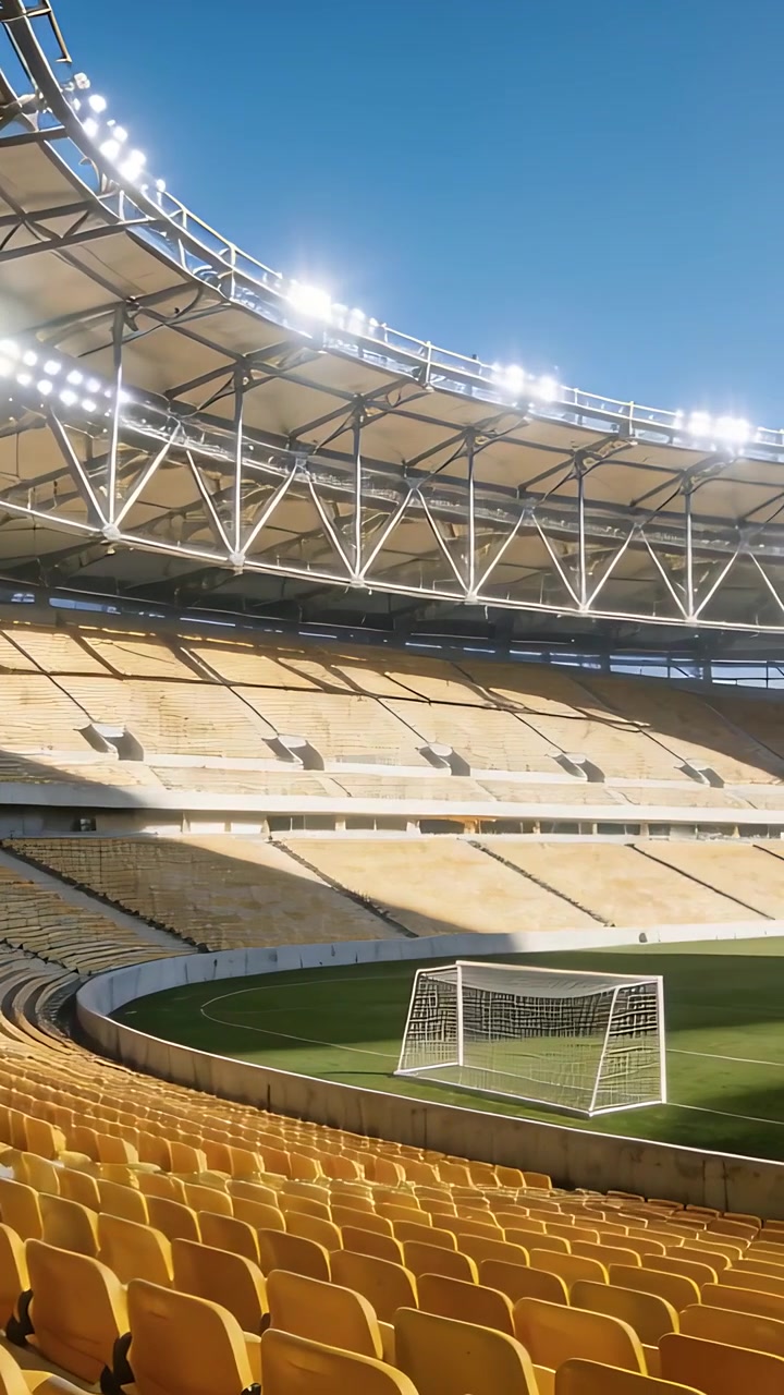 Vertikal video: Panorerende kamera på tidtaker som viser gule seter og mål på nedre tribune, tom arena.
