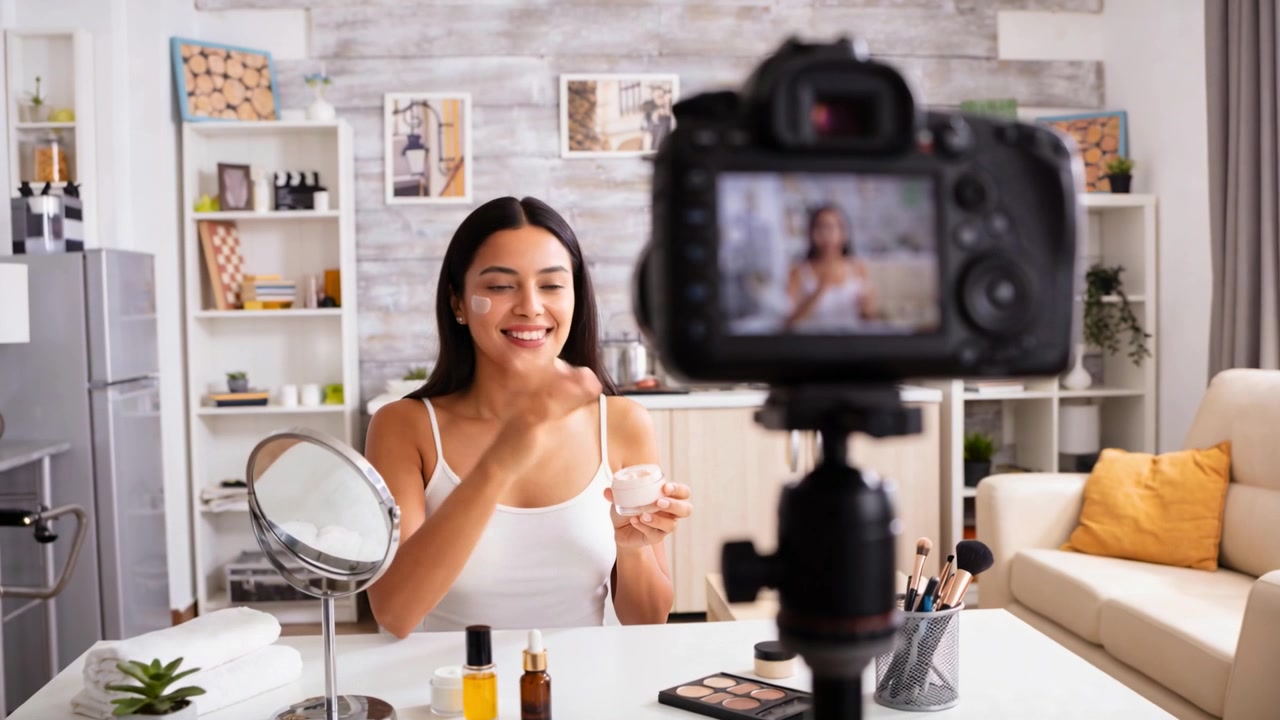 Smiling host wearing white tank dabbing cream at table as DSLR starting recording showing skincare