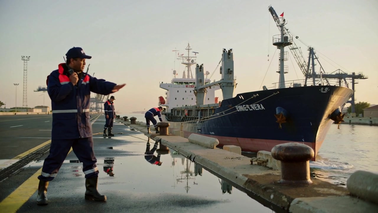 Guiding dock worker with radio in vest signaling incoming ship at quay, securing lines, copy space