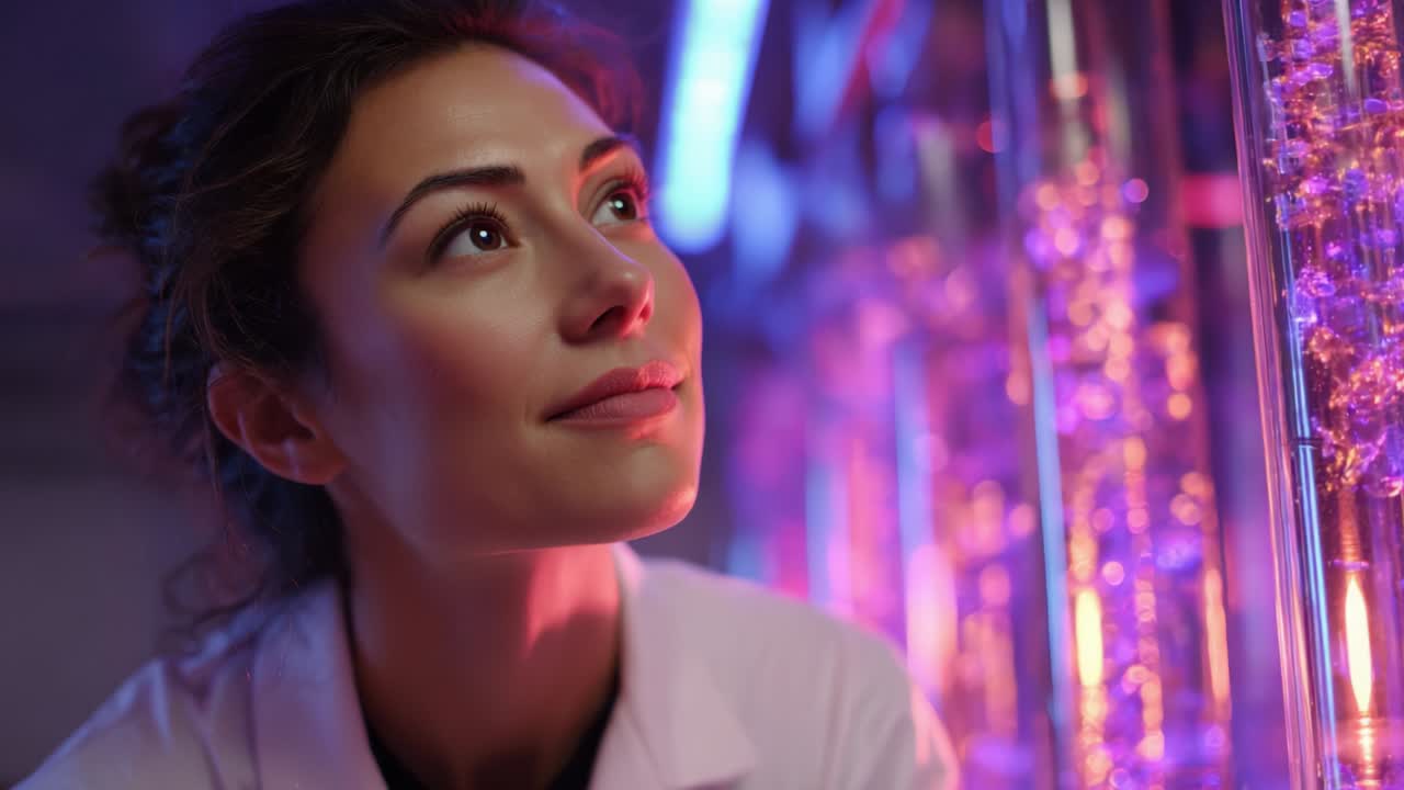 A dedicated researcher admires her innovative scientific project, captivated by the vibrant colors and intricate designs of her experiment. The fusion of creativity and science shines brightly in this moment