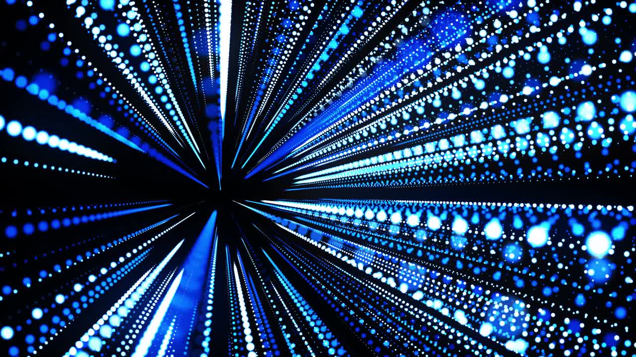 abstract 3d loop background with glowing particles lined up in rows in 3d space. Festive vj loop with blue particles and smooth animated camera. Motion design background