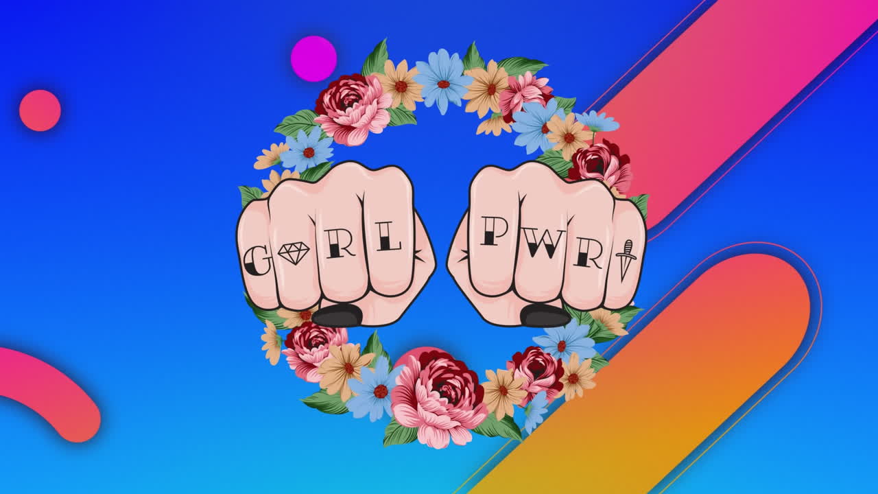 꽃과 그래픽 배경 위에 여성의 주먹에 대한 소녀 파워 텍스트의 애니메이션