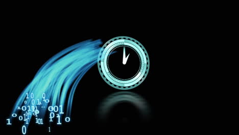 animación de código binario y velocímetro digital en fondo negro