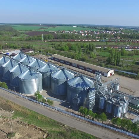 aerial view of big grain elevators