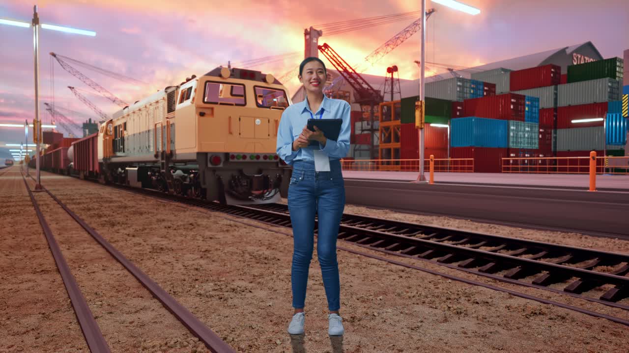 Full Body Side View Of Asian Female With Her Tablet With Freight Cargo Train At Port, Typing And Dissapionted With Nodding Her Shead